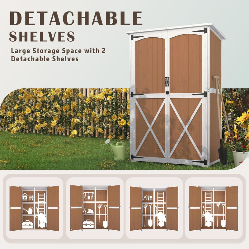 YODOLLA Outdoor Wooden Storage Shed with Waterproof Roof, Patio Storage Cabinet with 2 Removable Shelves and Double Lockable Doors in Brown