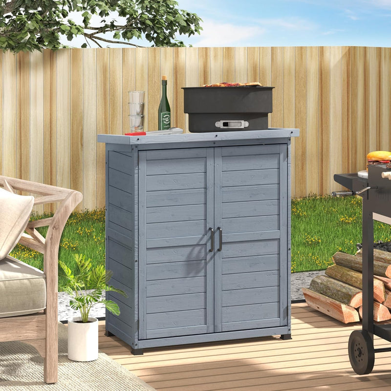YODOLLA Wooden Free-Standing Floor Cabinet，Practical Storage Cabine with Metal Tabletop and 2 Doors for Kitchen, Entryway, Living Room, Gray