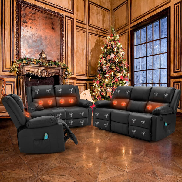 AECOJOY 3 Pieces Recliner Sofa Set with Massage Heated Function, Home Theater Seating Leather Couch Set with Side Pockets, Black