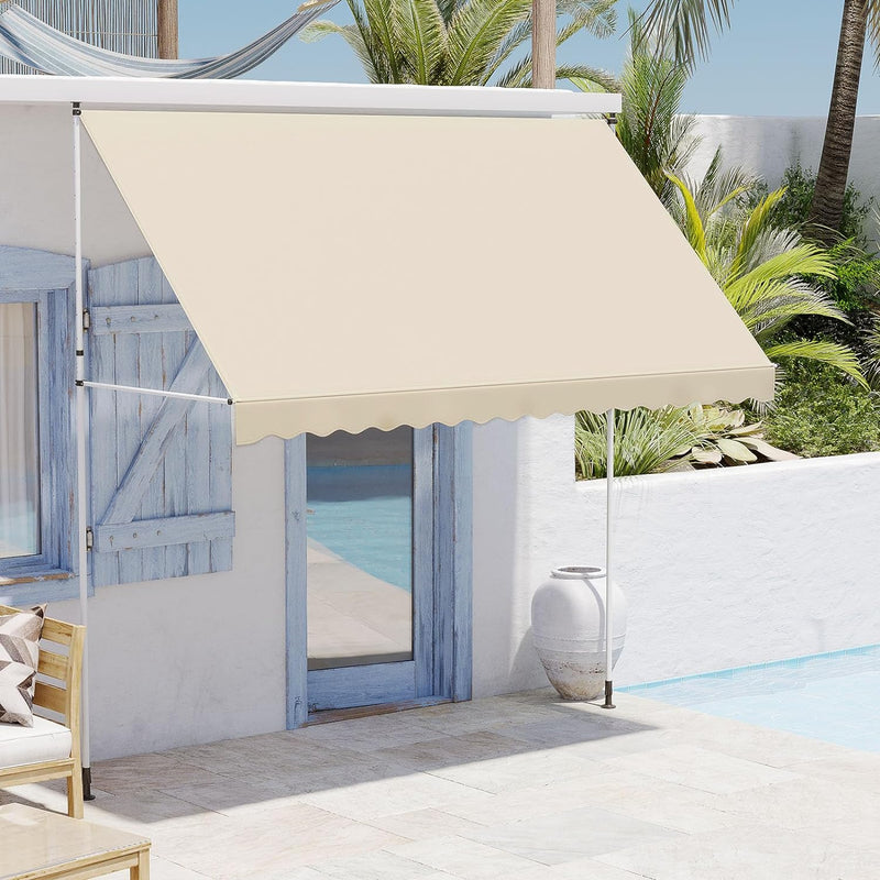 AECOJOY Manual Retractable Awning, 118" Non-Screw Outdoor Patio Awning, Adjustable Pergola Sun Shade Cover with UV Protection, Ideal Outdoor Canopy for Window or Door, Beige