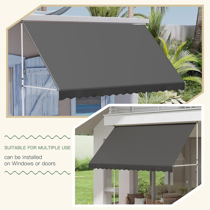 AECOJOY Manual Retractable Awning, 118" Non-Screw Outdoor Patio Awning, Adjustable Pergola Sun Shade Cover with UV Protection, Ideal Outdoor Canopy for Window or Door, Dark Grey