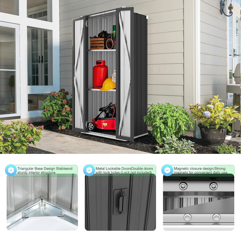 AECOJOY Outdoor Storage Cabinet for Garden, Garage & Patio, a Metal Organizer with Doors and Shelves in Gray