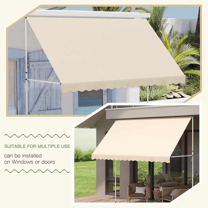 AECOJOY Manual Retractable Awning, 118" Non-Screw Outdoor Patio Awning, Adjustable Pergola Sun Shade Cover with UV Protection, Ideal Outdoor Canopy for Window or Door, Beige