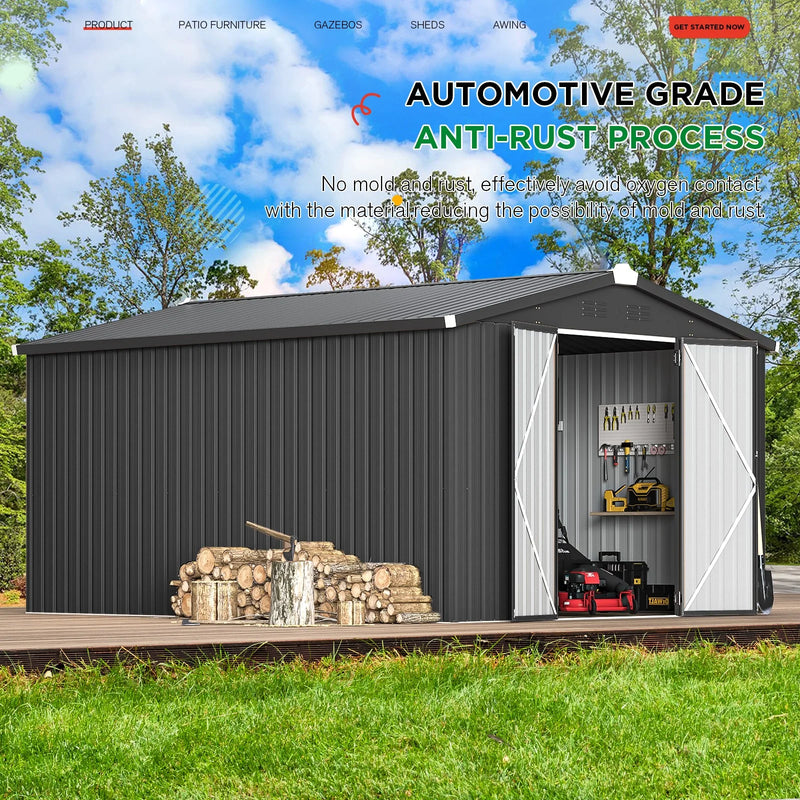 AECOJOY 10' x 14' Outdoor Storage Shed with Lockable Door Patio Metal Garden Storage Building in Dark Gray for Outside