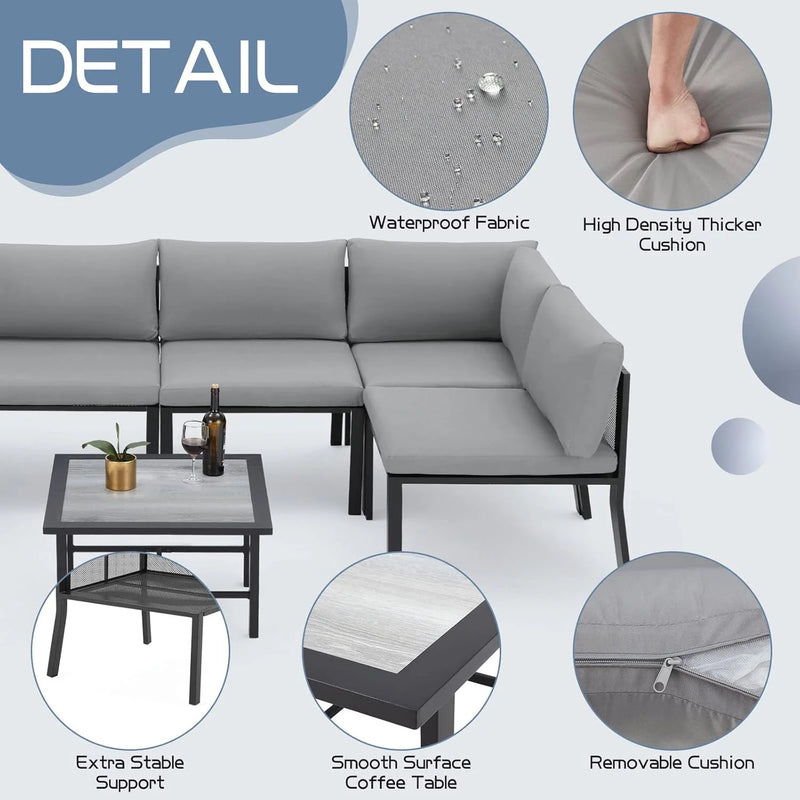 AECOJOY 7-Piece Metal Mesh Outdoor Furniture Set with Cushions and Waterproof Cover, Wooden Table, Ideal for Garden, Backyard, Balcony, & Lawn (Grey)