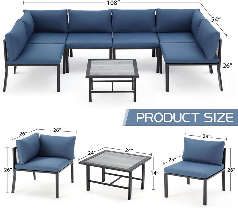 AECOJOY 7-Piece Metal Mesh Outdoor Furniture Set with Cushions and Waterproof Cover, Wooden Table, Ideal for Garden, Backyard, Balcony, & Lawn (Blue)