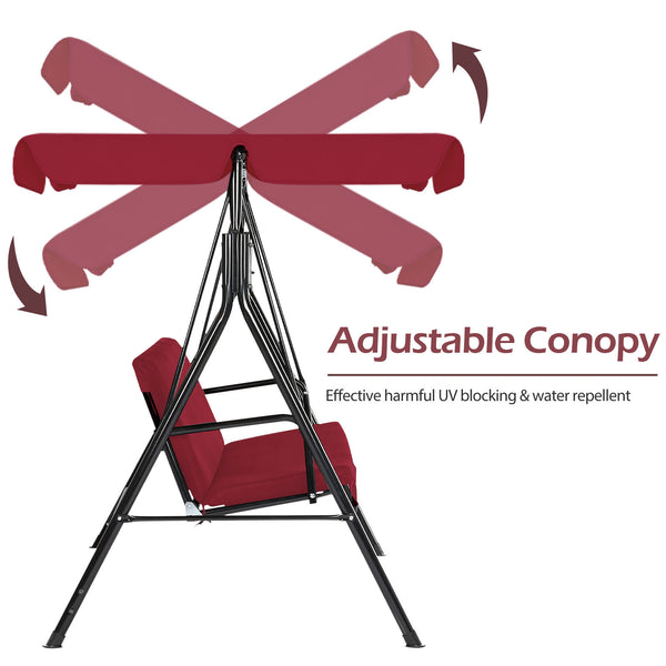 YODOLLA 3-Seat Outdoor Steel Porch Swing with Canopy, Swing Glider-Red, Free Standing Porch Swing