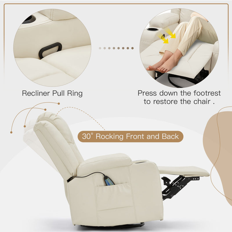 AECOJOY Massage Manual Recliner Chair with Heat and Vibration Massage, PU Leather Swivel Rocker Recliner Chair for Adults with 2 Cup Holders, Remote Control-Cream White