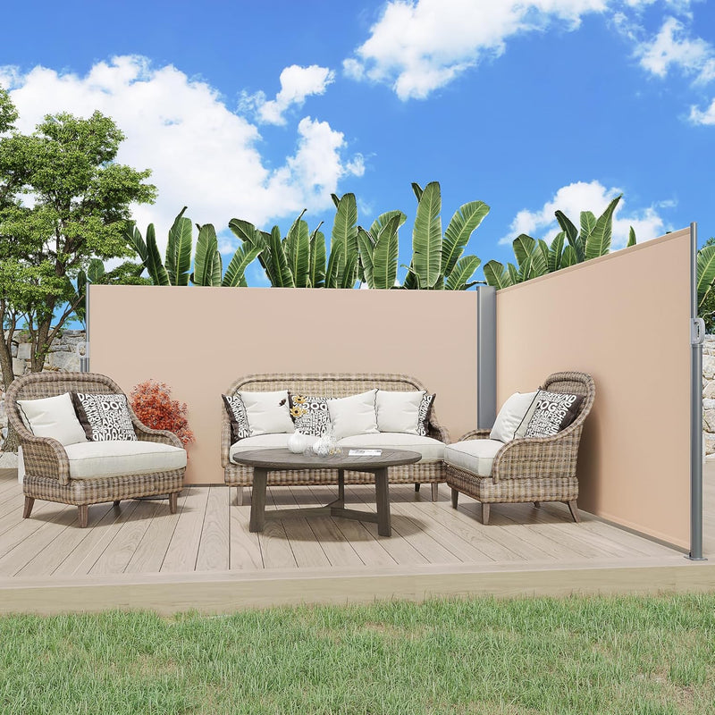 YODOLLA Double Retractable Side Awning, 236" x 63"Double Side Awning, Waterproof Folding Outdoor Privacy Screen, 280g Premium Polyester Fabric Room Divider for Patio, Garden and Terrace, Beige