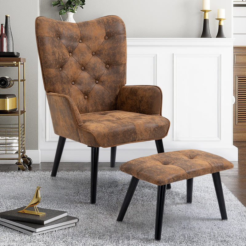 AVAWING Rustic Accent Chair with Footrest, Gold Accent Chair with Arms, Tufted Button Back Modern Accent Chair with Rubberwood Legs, Mid Century Accent Chair for Living Room, Bedroom, Office, Gold