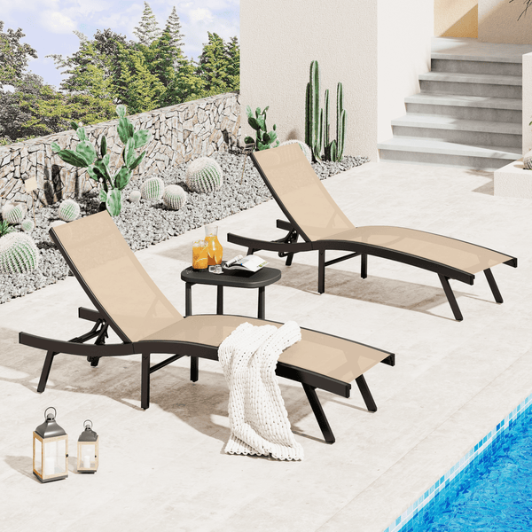 AECOJOY Outdoor Lounge Chair with Adjustable Positions, Aluminum Chaise Lounge Outdoor for Pool, Garden, Beach, Beige 2 PCS