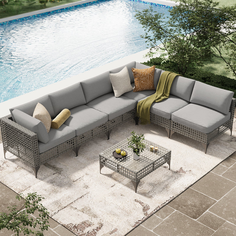 YODOLLA 7-Piece Patio Furniture Set with Tea Table, Rattan Wicker Outdoor Sectional Furniture Sofa Conversation Set, Grey Rattan&Light Grey Cushions