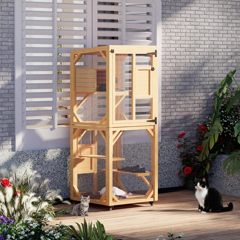 YODOLLA Catio Enclosure for Cats,Wooden Outdoor Cat House with Hammock in Natural Color