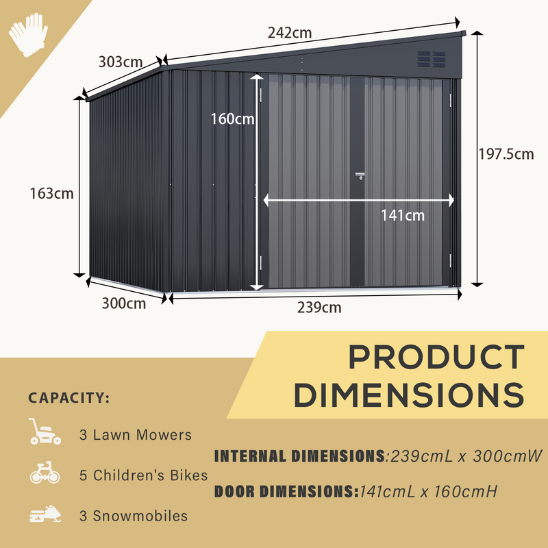 YODOLLA 8' x 10' Outdoor Metal Storage Side Shed with Lockable Door Metal Attached Lean-To Shed for Backyard in Dark Grey