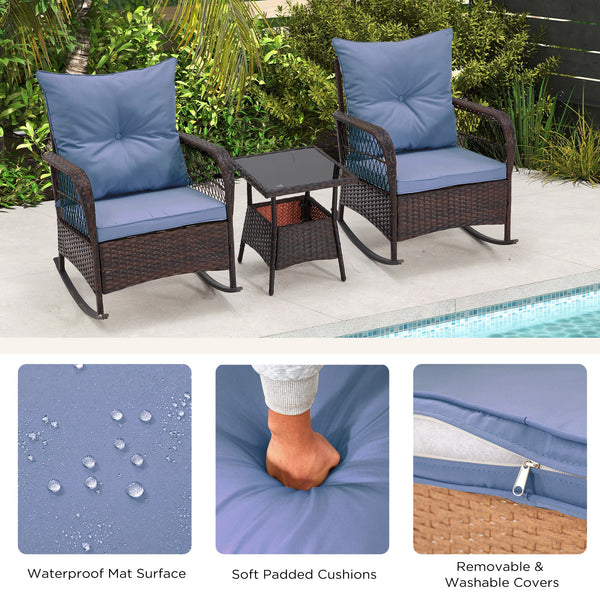 3-Piece Rattan Rocking Bistro Set with Glass Coffee Table for Porch & Garden