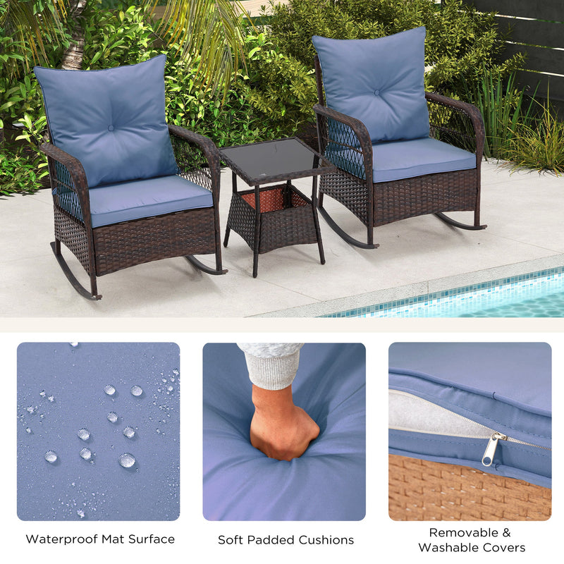 3-Piece Rattan Rocking Bistro Set with Glass Coffee Table for Porch & Garden