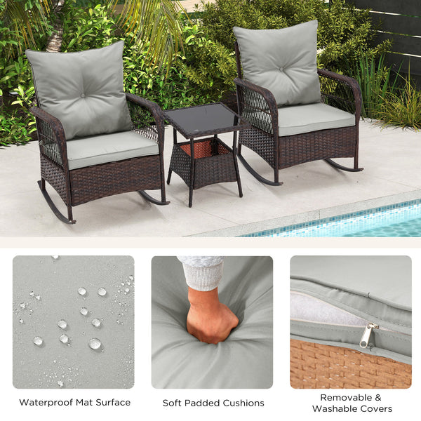 3-Piece Rattan Rocking Bistro Set with Glass Coffee Table for Porch & Garden