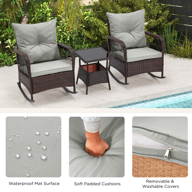 3-Piece Rattan Rocking Bistro Set with Glass Coffee Table for Porch & Garden