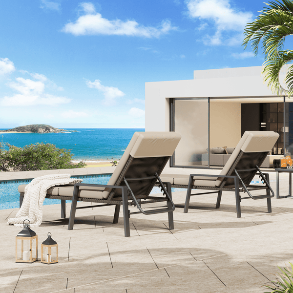 AECOJOY Patio Lounge Chair,Chaise Lounge Outdoor Folding leisure Lounge Chairs Including Table Rattan Patio Furniture Set,Beige Ratten（2pcs）