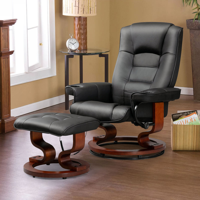 AVAWING Reclining Chair with Vibration Massage Faux Leather Recliner with Ottoman Swivel Wood Recliner Chairs for Living Room, Black