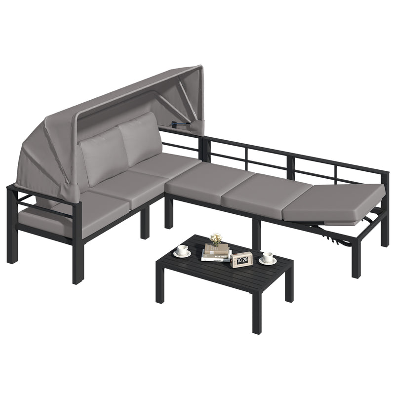YODOLLA Patio Furniture Sets with Retractable Canopy & 2 Adjustable Backrests, Outdoor Furniture Sets with Coffee Table in Gray