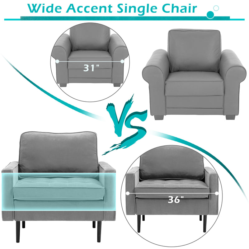 AVAWING Modern Velvet Single Sofa Chair Set of 2 with Cushions Accent Armchair with Metal Legs Comfy Tufted Upholstered Armchair for Living Room, Bedroom, Office, Reading Room, Grey