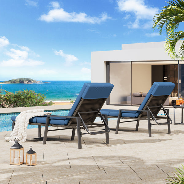 AECOJOY Patio Lounge Chair,Chaise Lounge Outdoor Folding leisure Lounge Chairs Including Table Rattan Patio Furniture Set,Navy Blue（2pcs）