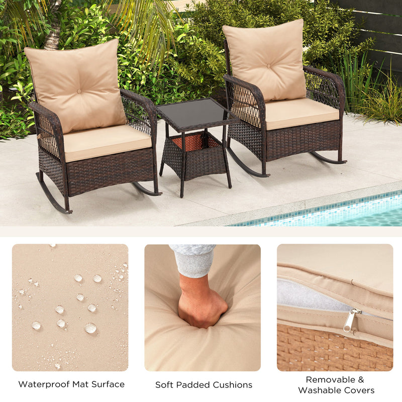3 pcs Rocking Bistro Set, Outdoor PE Rattan Rocking Chairs with Tempered Glass Coffee Table