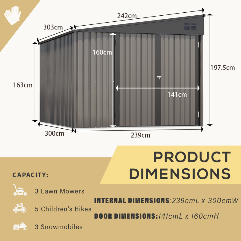 YODOLLA 8' x 10' Outdoor Metal Storage Side Shed with Lockable Door Metal Attached Lean-To Shed for Backyard in Grey