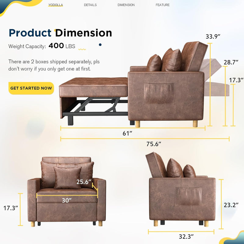 AECOJOY 3-in-1 Convertible Chair Bed Sleeper & Futon Sofa Bed Chair with Adjustable Backrest and 2 Pillows-Saddle Brown
