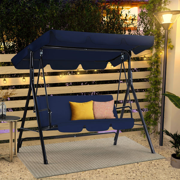YODOLLA 3-Seat Outdoor Steel Porch Swing with Canopy, Swing Glider-Dark Blue, Free Standing Porch Swing