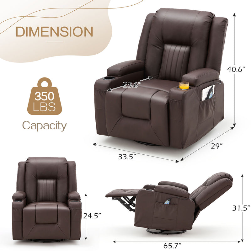 AECOJOY Massage Manual Recliner Chair with Heat and Vibration Massage, PU Leather Swivel Rocker Recliner Chair for Adults with 2 Cup Holders, Remote Control-Brown