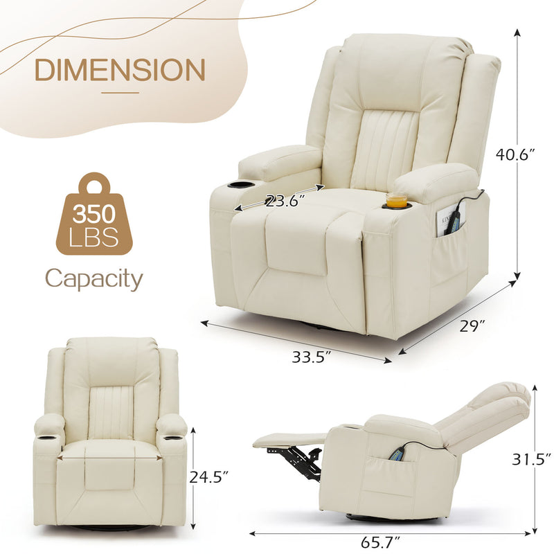 AECOJOY Massage Manual Recliner Chair with Heat and Vibration Massage, PU Leather Swivel Rocker Recliner Chair for Adults with 2 Cup Holders, Remote Control-Cream White