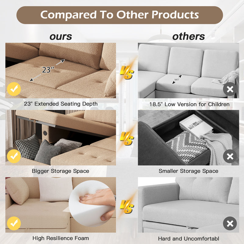 YODOLLA Teddy Velvet L Shaped Sofa, L Shape Couch, Pull Out Bed with USB and Cup Holder, Storage Sofa Cama, Queen Sofa Bed, Sleeper Sofa Couch for Living Room, Sofa Bed Couch in Brown