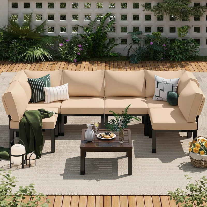 AECOJOY 7 Pieces Metal Outdoor Sectional Sofa with Waterproof Cover,Patio Furniture Sets on Sales Patio Conversation Set with Coffee Table Clearance,Beige