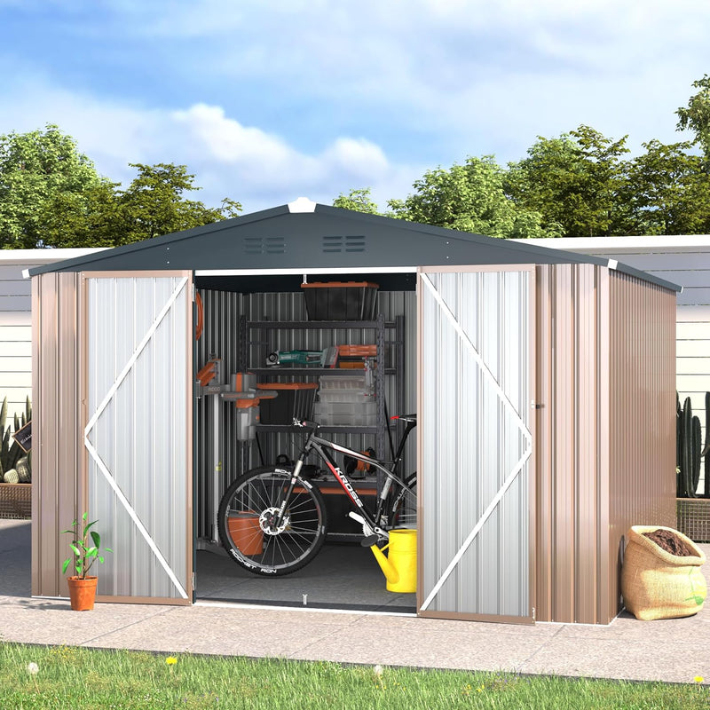 AECOJOY 10' x 10' Outdoor Storage Shed with Lockable Door Patio Metal Garden Storage Building in Brown for Outside