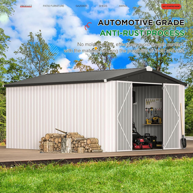YODOLLA 10' x 14' Outdoor Storage Shed with Lockable Door Patio Metal Garden Storage Building in White for Outside