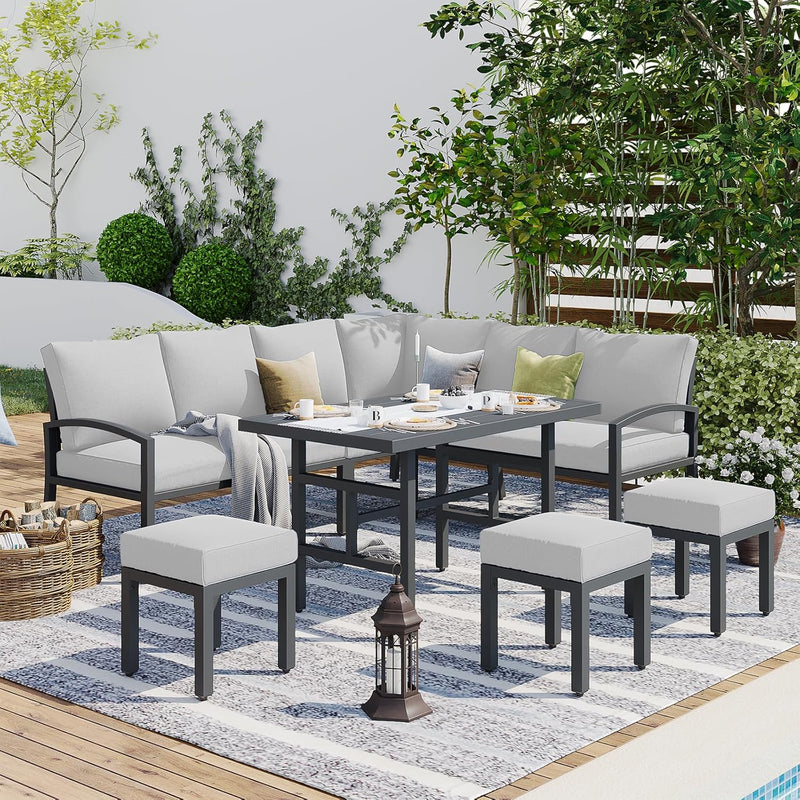 AECOJOY 7 Pieces Metal Patio Furniture Sets on sale Patio Conversation Set Outdoor Sectional Sofa Metal Dining Furniture, Light Gray