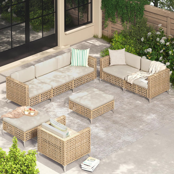 YODOLLA 8-Piece Patio Furniture Set, Boho Style Rattan Wicker Sectional Sofa Couch Outdoor Conversation Set with Table In Beige