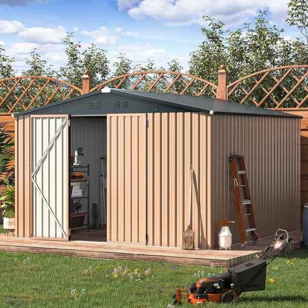 AECOJOY 10' x 10' Outdoor Storage Shed with Lockable Door Patio Metal Garden Storage Building in Brown for Outside