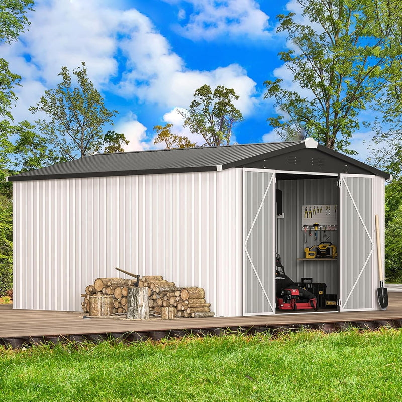 YODOLLA 10' x 14' Outdoor Storage Shed with Lockable Door Patio Metal Garden Storage Building in White for Outside