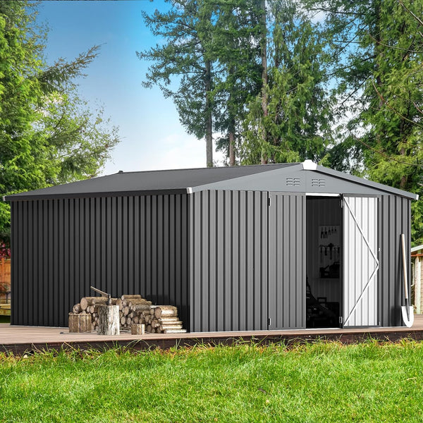 YODOLLA 12 x 12 ft. Outdoor Metal Storage Shed with Sliding Roof & Lockable Door in Dark Gray