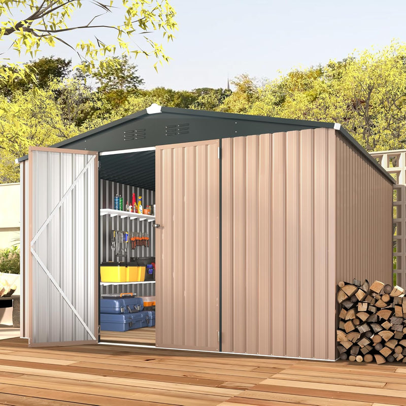 AECOJOY 10' x 10' Outdoor Storage Shed with Lockable Door Patio Metal Garden Storage Building in Brown for Outside