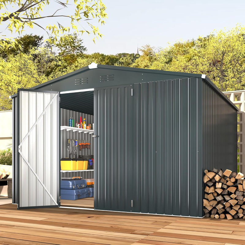 YODOLLA 14' x 12' Outdoor Storage Shed with Lockable Door Patio Metal Garden Storage Building in Dark Gray for Outside
