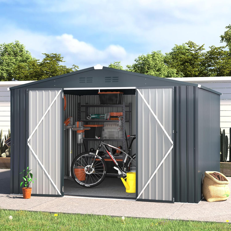 YODOLLA 10' x 14' Outdoor Storage Shed with Lockable Door Patio Metal Garden Storage Building in Dark Gray for Outside