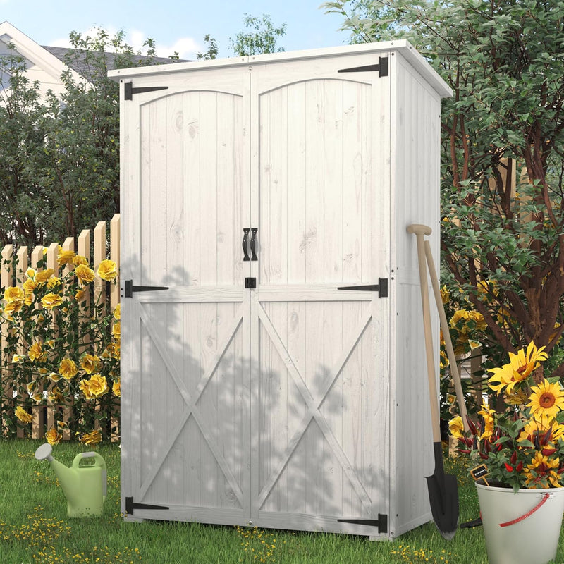 YODOLLA Outdoor Wooden Storage Shed w/ Waterproof Roof, Patio Storage Cabinet Tool Shed with 2 Removable Shelves and Double Lockable Doors in White