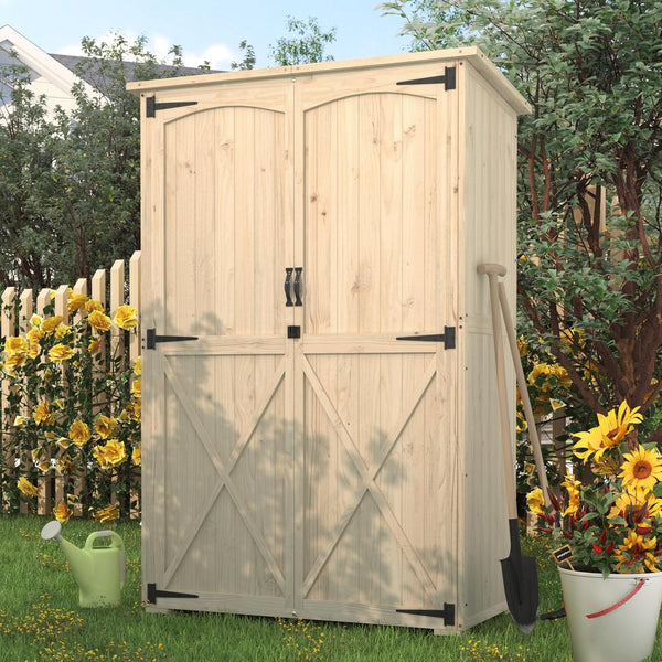 YODOLLA Large Outdoor Wooden Storage Shed with Waterproof Roof, Featuring a Tool Shed with 2 Removable Shelves and Double Lockable Doors in Natural Wood