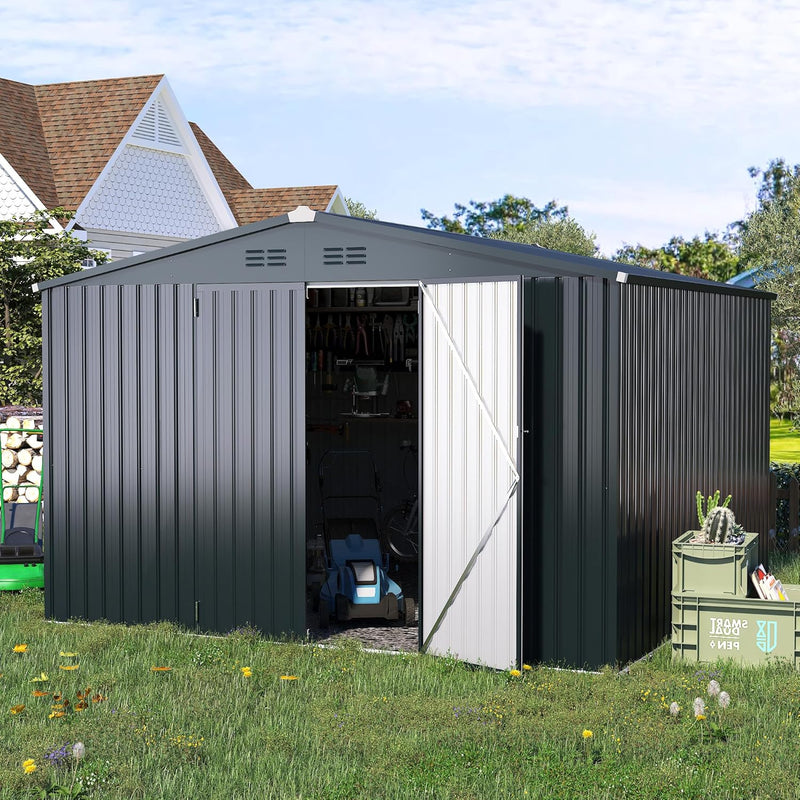 YODOLLA 10' x 14' Outdoor Storage Shed with Lockable Door Patio Metal Garden Storage Building in Dark Gray for Outside