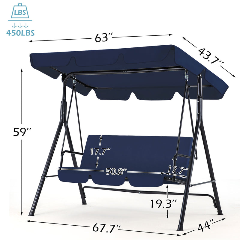 YODOLLA 3-Seat Outdoor Steel Porch Swing with Canopy, Swing Glider-Dark Blue, Free Standing Porch Swing