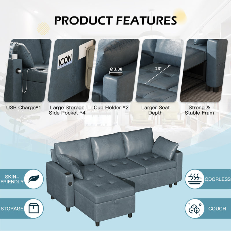 YODOLLA Sofa Bed, 3 in 1 Sleeper Sofa with Storage Chair, Faux Leather L Shape Couch, Sectional Pull Out Sofa Bed Mid Century Modern Couch for Living Room Clearance, Comfy Sleeper Couch in Blue